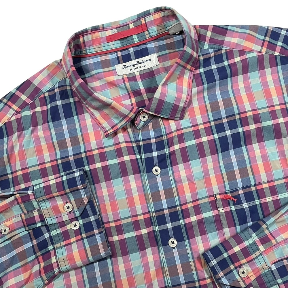 Tommy Bahama Siesta Key Shirt Mens 2XLB Pink Blue Plaid Stretch Performance L/S